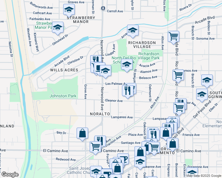 map of restaurants, bars, coffee shops, grocery stores, and more near 2737 Forrest Street in Sacramento