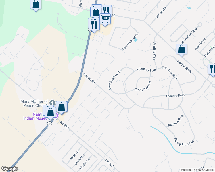 map of restaurants, bars, coffee shops, grocery stores, and more near 27009 Galley Drive in Millsboro