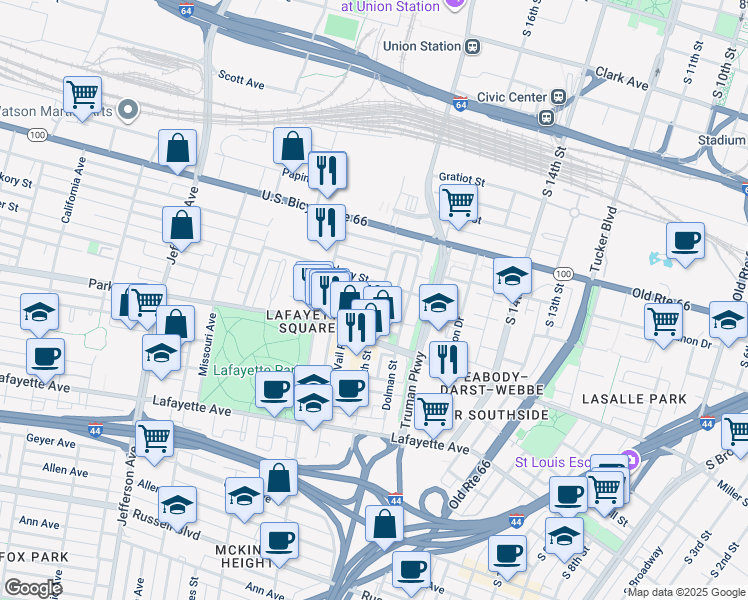 map of restaurants, bars, coffee shops, grocery stores, and more near 1812 Rutger Street in St. Louis