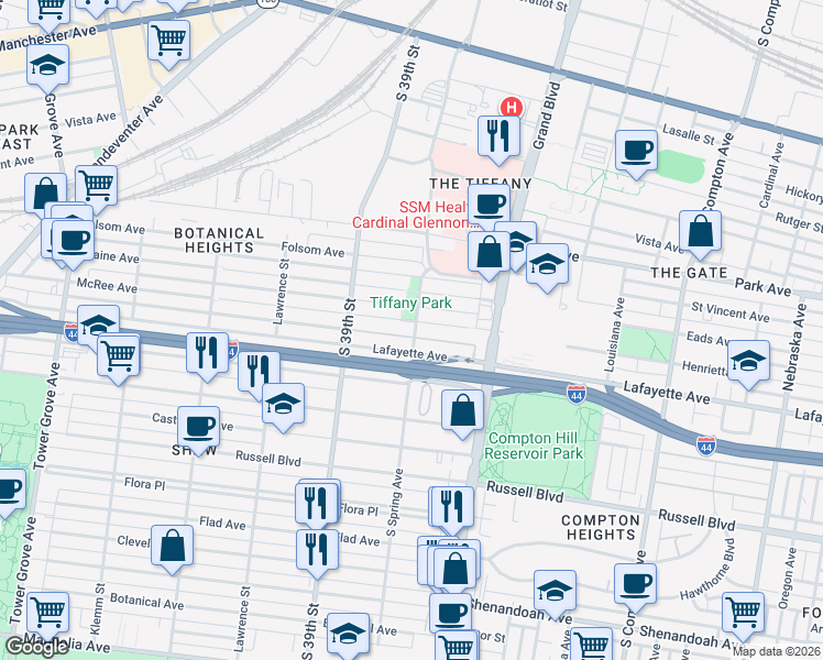 map of restaurants, bars, coffee shops, grocery stores, and more near 3817 Lafayette Avenue in St. Louis