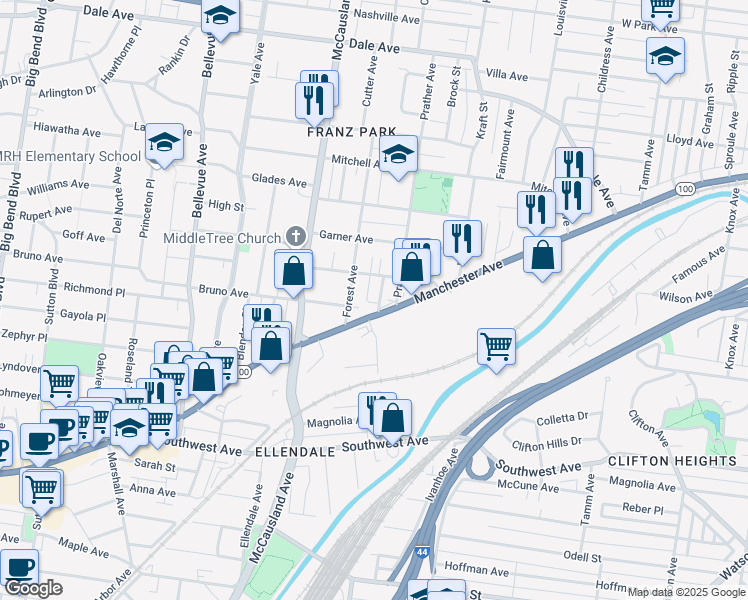 map of restaurants, bars, coffee shops, grocery stores, and more near 6837 Missouri 100 in St. Louis