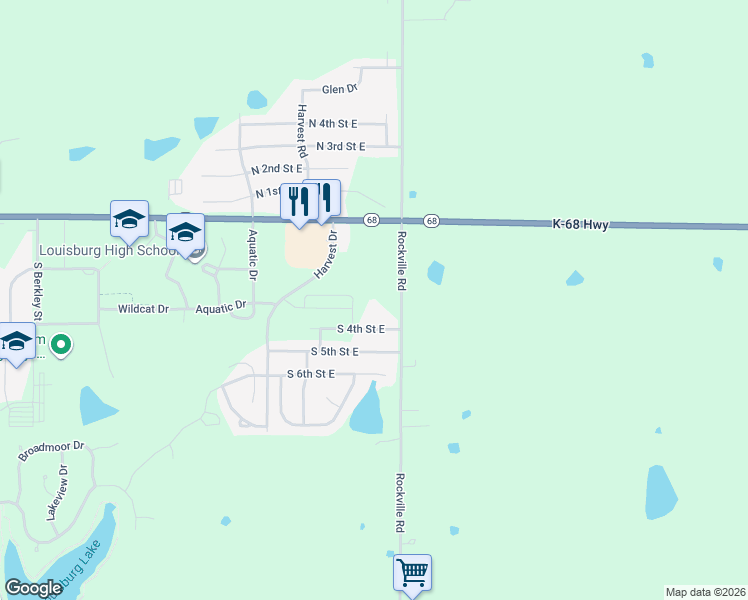 map of restaurants, bars, coffee shops, grocery stores, and more near 1500-15 South 4th Street East in Louisburg