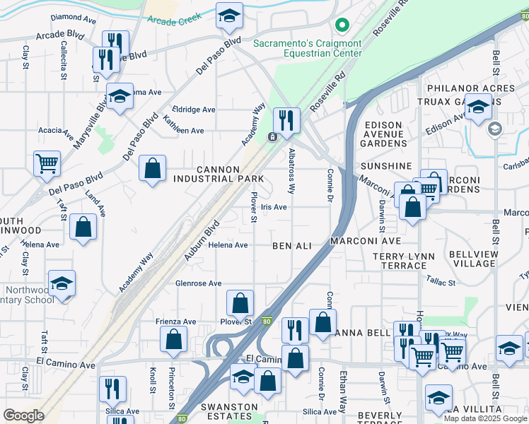 map of restaurants, bars, coffee shops, grocery stores, and more near 1804 Iris Avenue in Sacramento