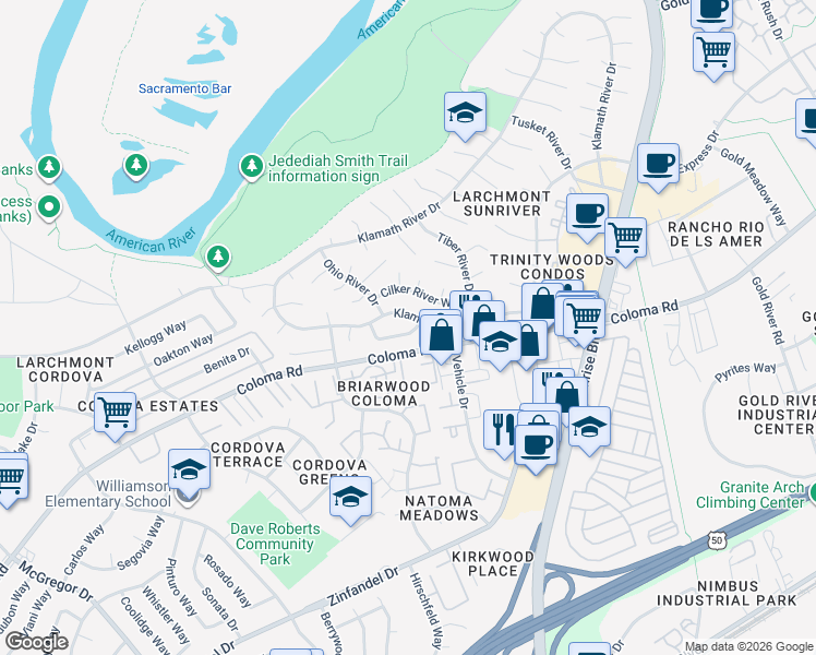 map of restaurants, bars, coffee shops, grocery stores, and more near in Rancho Cordova
