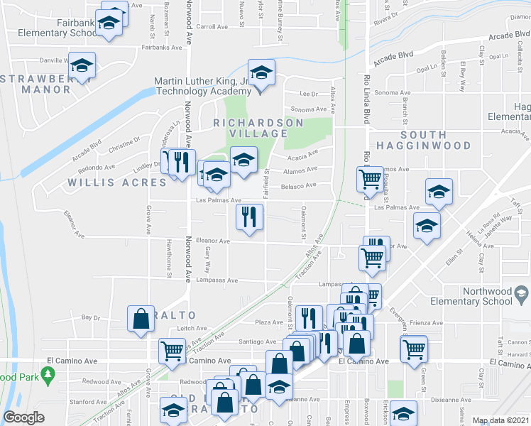 map of restaurants, bars, coffee shops, grocery stores, and more near Fairfield Street & Lane Drive in Sacramento