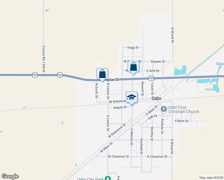 map of restaurants, bars, coffee shops, grocery stores, and more near 300-398 West Kirkwood Street in Odin