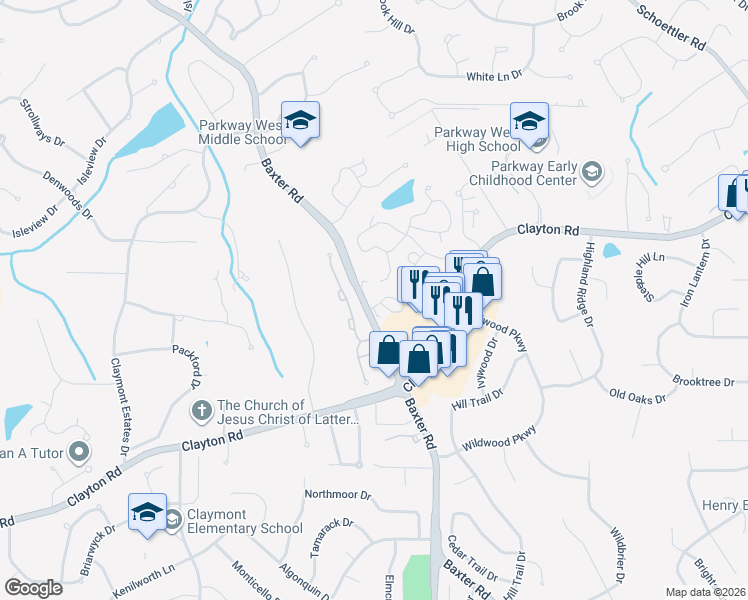 map of restaurants, bars, coffee shops, grocery stores, and more near 15035 Baxter Village Drive in Chesterfield