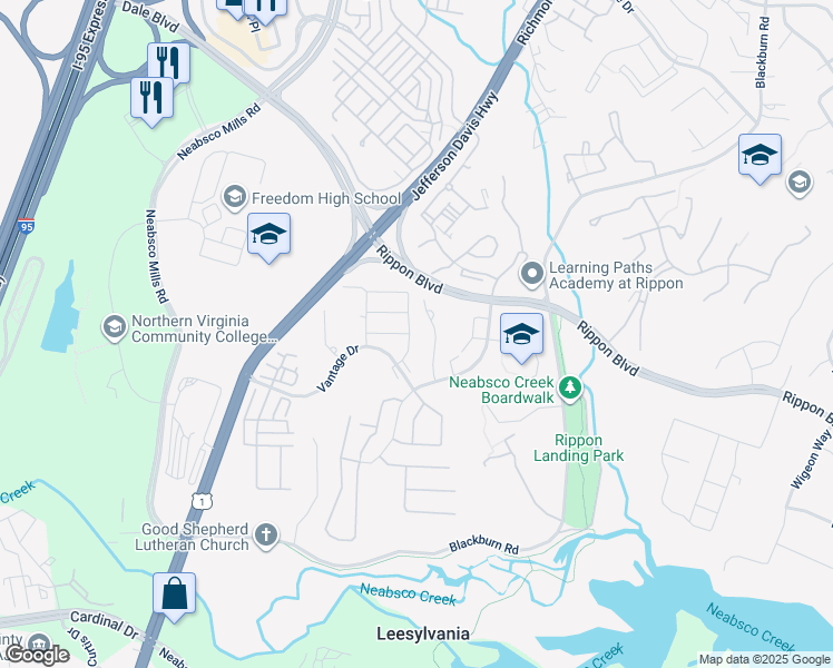 map of restaurants, bars, coffee shops, grocery stores, and more near 15381 Elizabeth Burbage Loop in Woodbridge
