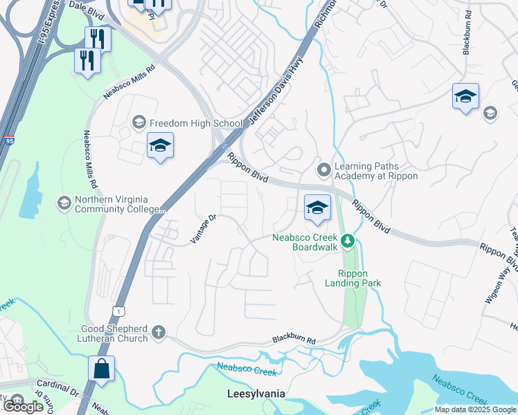map of restaurants, bars, coffee shops, grocery stores, and more near 15356 Gatehouse Terrace in Woodbridge