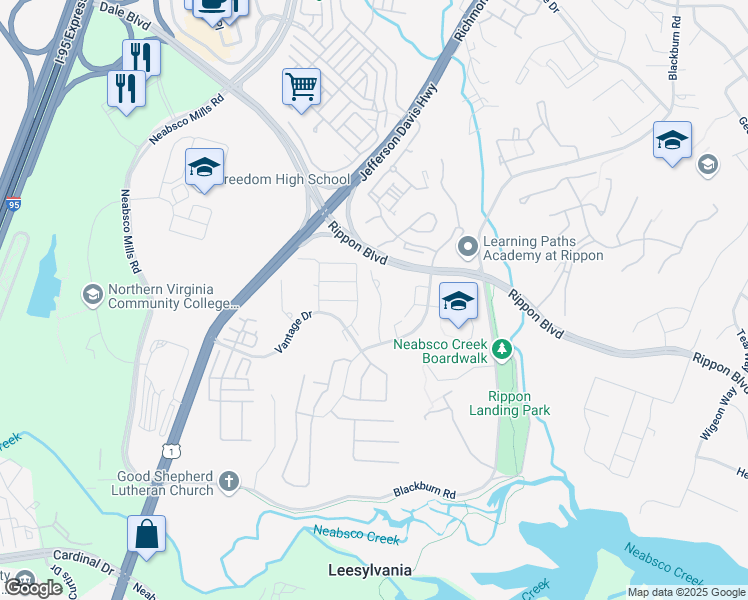map of restaurants, bars, coffee shops, grocery stores, and more near 15356 Gatehouse Terrace in Woodbridge