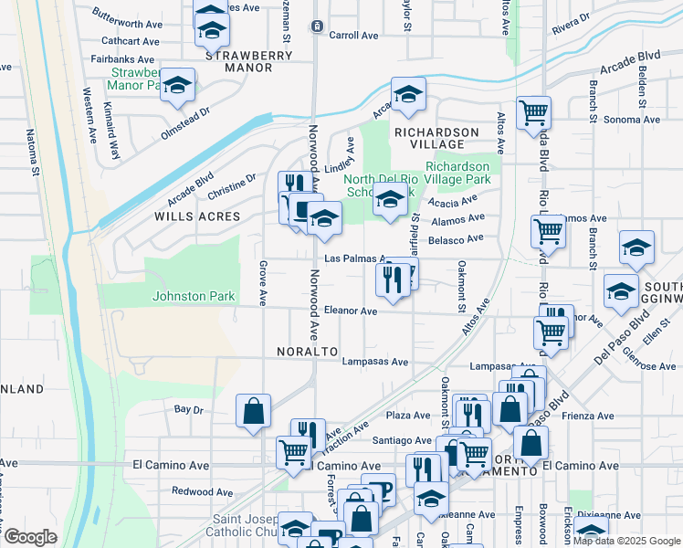 map of restaurants, bars, coffee shops, grocery stores, and more near 2765 Forrest Street in Sacramento