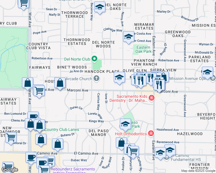 map of restaurants, bars, coffee shops, grocery stores, and more near 4006 Marconi Avenue in Sacramento