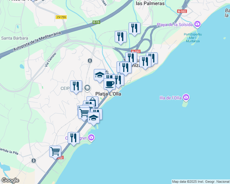 map of restaurants, bars, coffee shops, grocery stores, and more near 12A Partida la Olla in Altea