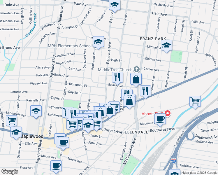 map of restaurants, bars, coffee shops, grocery stores, and more near 2317 Bellevue Avenue in Maplewood
