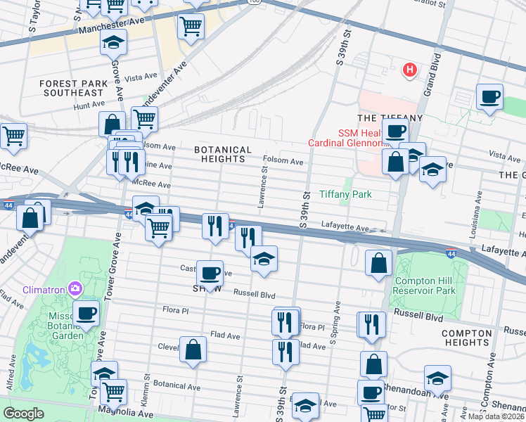 map of restaurants, bars, coffee shops, grocery stores, and more near 3971 Lafayette Avenue in St. Louis