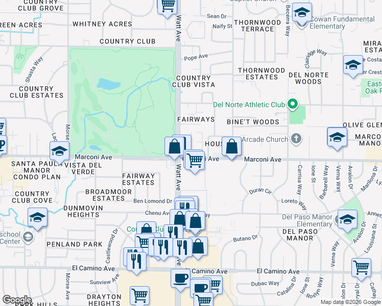 map of restaurants, bars, coffee shops, grocery stores, and more near 3521 Marconi Avenue in Sacramento