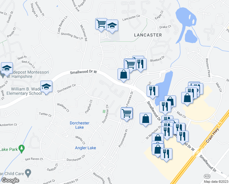 map of restaurants, bars, coffee shops, grocery stores, and more near 4001 Night Heron Court in Waldorf