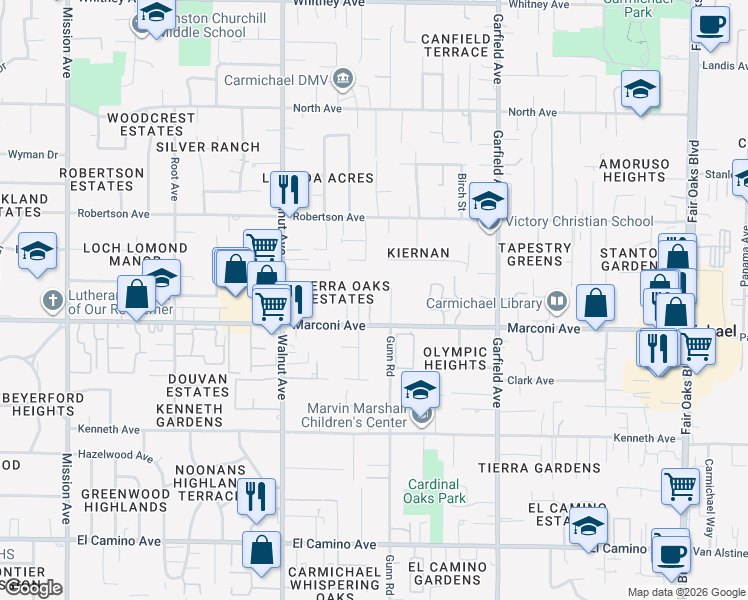 map of restaurants, bars, coffee shops, grocery stores, and more near 5225b Marconi Avenue in Carmichael
