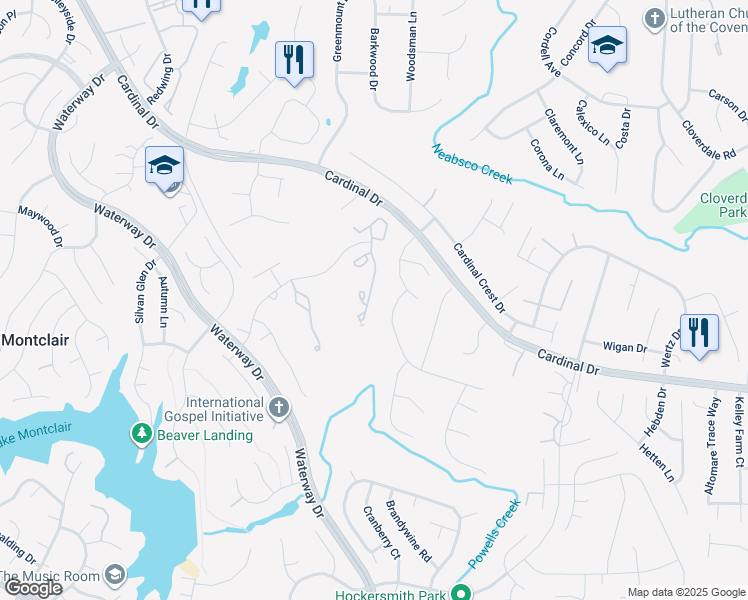 map of restaurants, bars, coffee shops, grocery stores, and more near 15441 Windsong Lane in Montclair