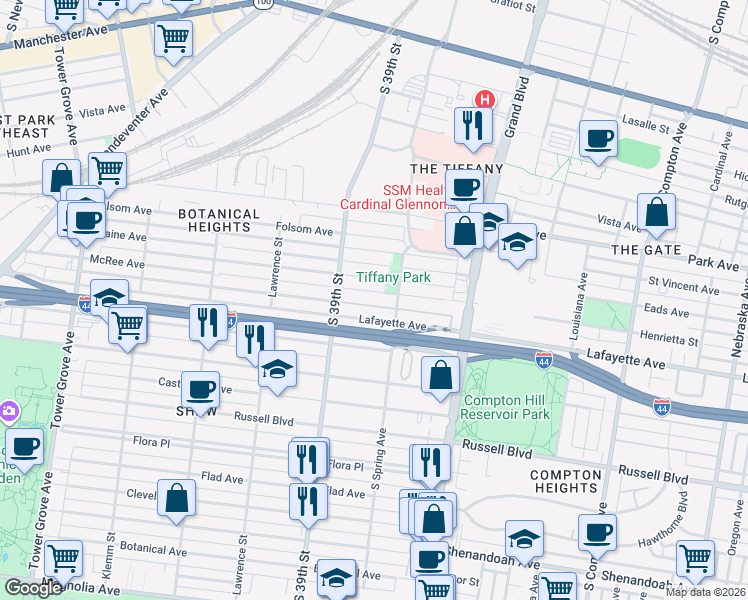 map of restaurants, bars, coffee shops, grocery stores, and more near 3826 McRee Avenue in St. Louis