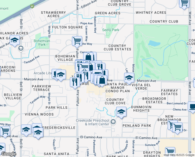 map of restaurants, bars, coffee shops, grocery stores, and more near 2719 Marconi Avenue in Sacramento