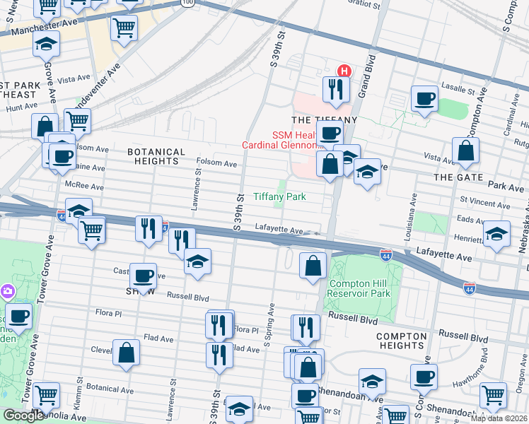 map of restaurants, bars, coffee shops, grocery stores, and more near 3828 McRee Avenue in St. Louis