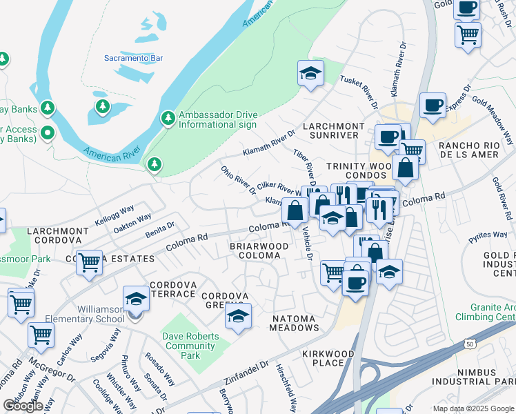 map of restaurants, bars, coffee shops, grocery stores, and more near 1557 Klamath River Drive in Rancho Cordova