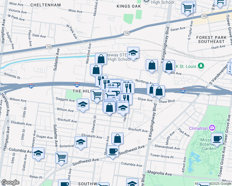 map of restaurants, bars, coffee shops, grocery stores, and more near 5124 Shaw Avenue in St. Louis