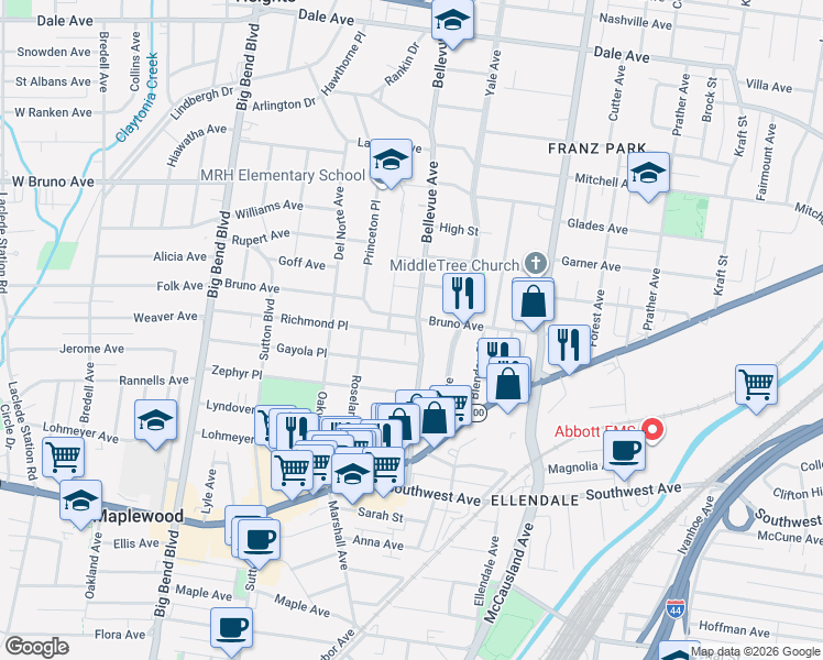 map of restaurants, bars, coffee shops, grocery stores, and more near 2317 Bellevue Avenue in Maplewood