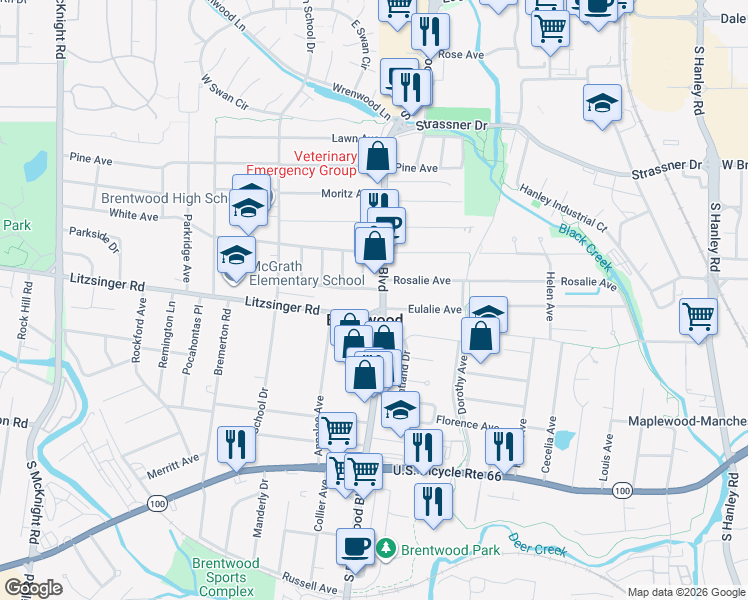 map of restaurants, bars, coffee shops, grocery stores, and more near in Brentwood