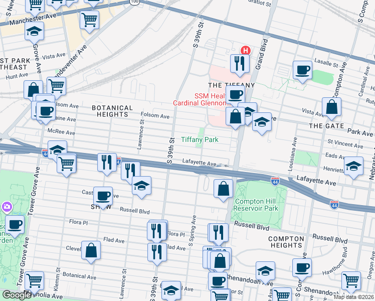 map of restaurants, bars, coffee shops, grocery stores, and more near 3832 McRee Avenue in Saint Louis