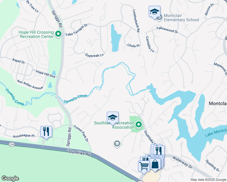 map of restaurants, bars, coffee shops, grocery stores, and more near 5281 Gunston Hall Drive in Woodbridge