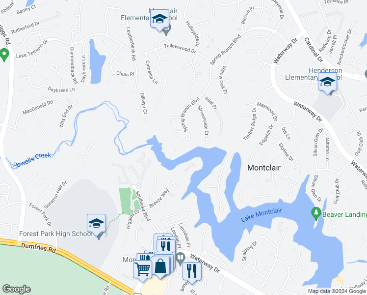 map of restaurants, bars, coffee shops, grocery stores, and more near 5243 Spring Branch Boulevard in Montclair