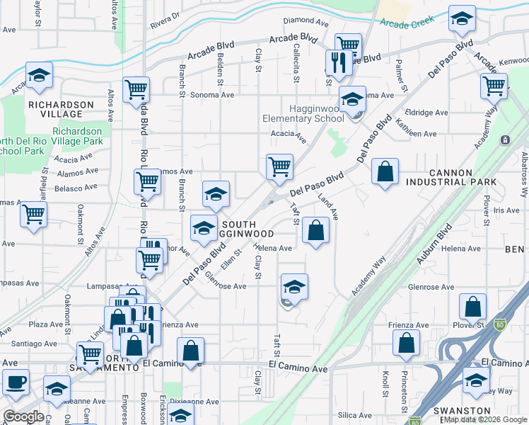 map of restaurants, bars, coffee shops, grocery stores, and more near 2825 Janette Way in Sacramento