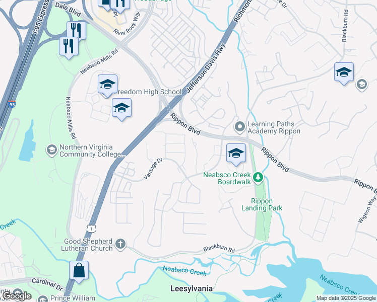 map of restaurants, bars, coffee shops, grocery stores, and more near 15377 Elizabeth Burbage Loop in Woodbridge