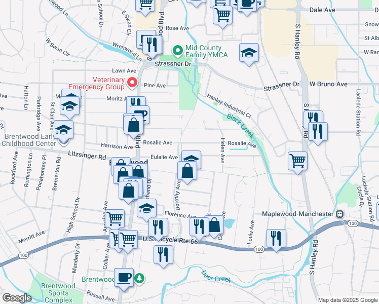 map of restaurants, bars, coffee shops, grocery stores, and more near 8645 Litzsinger Road in Brentwood