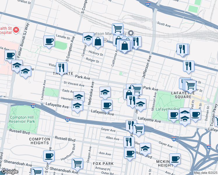 map of restaurants, bars, coffee shops, grocery stores, and more near 2800 Park Avenue in St. Louis