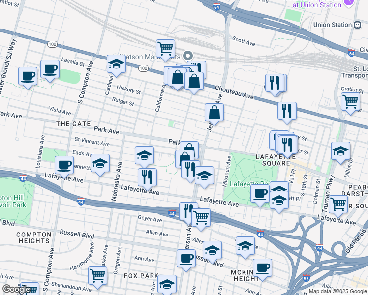 map of restaurants, bars, coffee shops, grocery stores, and more near 2650 Park Avenue in St. Louis