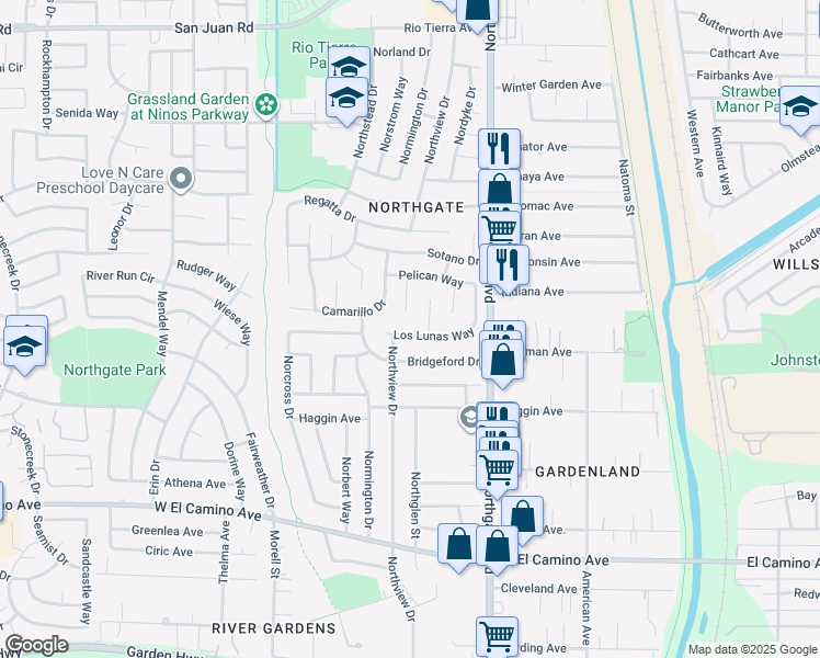 map of restaurants, bars, coffee shops, grocery stores, and more near 19 Penasco Court in Sacramento