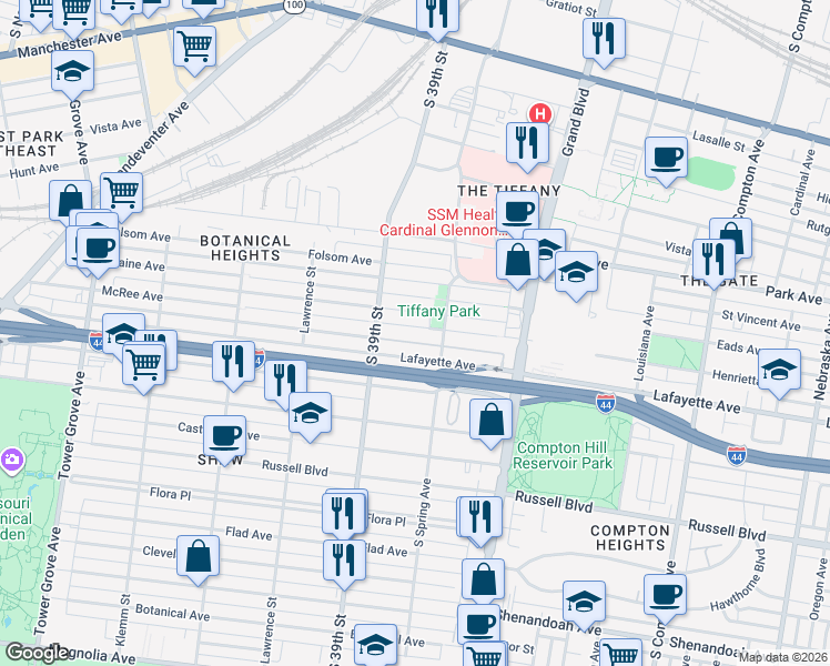 map of restaurants, bars, coffee shops, grocery stores, and more near 3828 McRee Avenue in St. Louis