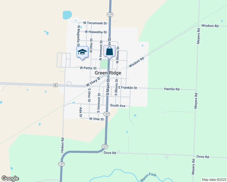 map of restaurants, bars, coffee shops, grocery stores, and more near 305 South Illinois Street in Green Ridge