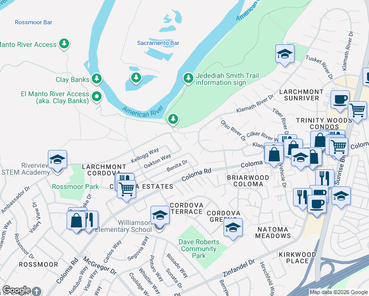 map of restaurants, bars, coffee shops, grocery stores, and more near 10024 Yukon River Way in Rancho Cordova