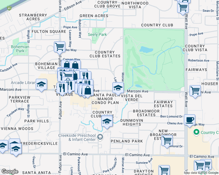 map of restaurants, bars, coffee shops, grocery stores, and more near 2911 Lacy Lane in Sacramento