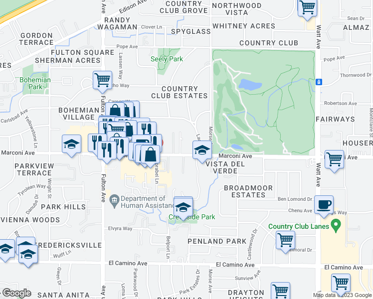 map of restaurants, bars, coffee shops, grocery stores, and more near 2927 Marconi Avenue in Sacramento