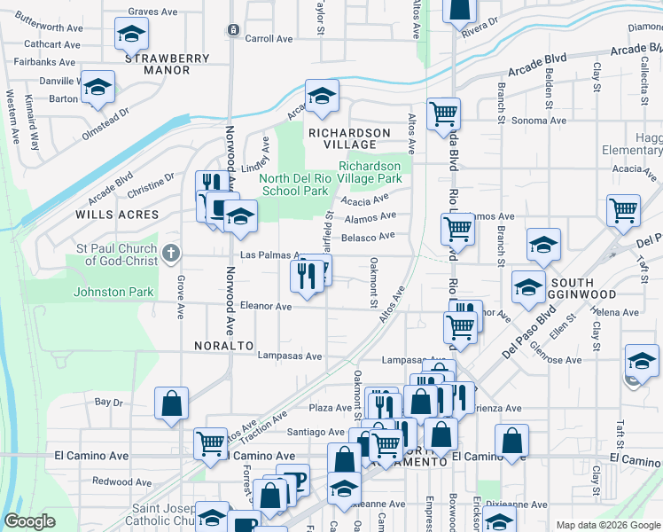 map of restaurants, bars, coffee shops, grocery stores, and more near 601 Las Palmas Avenue in Sacramento