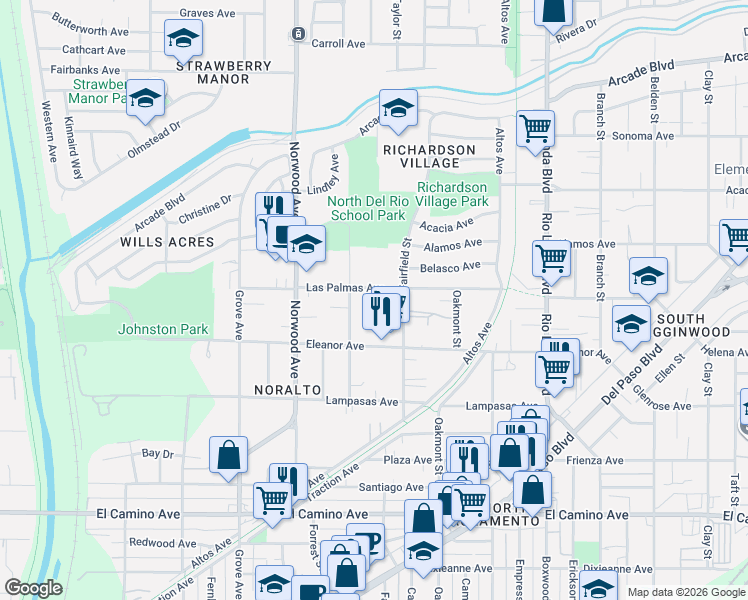 map of restaurants, bars, coffee shops, grocery stores, and more near 577 Las Palmas Avenue in Sacramento