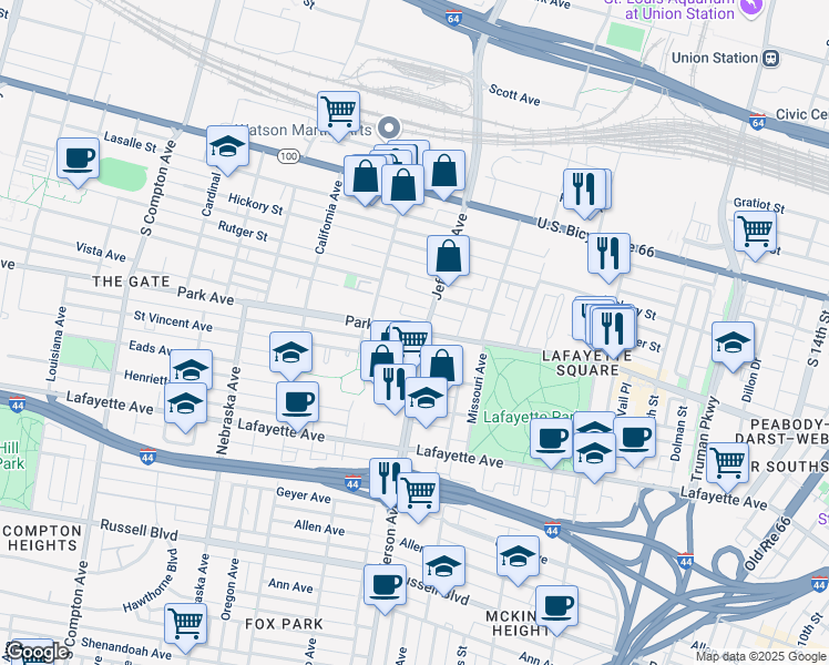 map of restaurants, bars, coffee shops, grocery stores, and more near 2610 Caroline Street in St. Louis