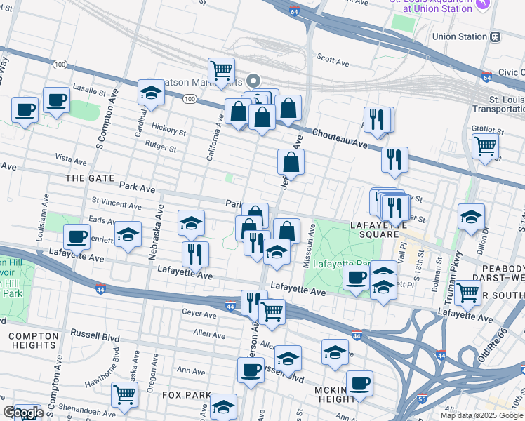 map of restaurants, bars, coffee shops, grocery stores, and more near 2610 Caroline Street in St. Louis