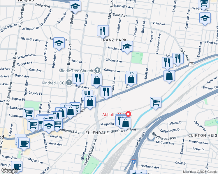 map of restaurants, bars, coffee shops, grocery stores, and more near 6922 Waldemar Avenue in St. Louis