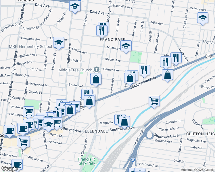 map of restaurants, bars, coffee shops, grocery stores, and more near 6922 Waldemar Avenue in St. Louis